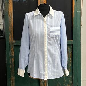 7th Avenue New York & Company Multi Blue and White Stripes Casual Button Down